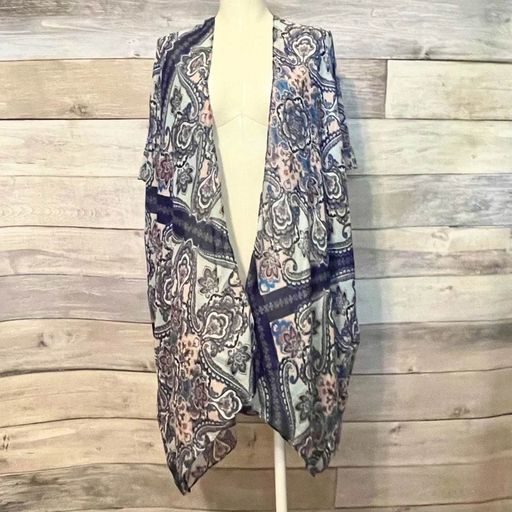 Blue paisley Jacobean floral ruana cover up OS - Picture 2 of 6